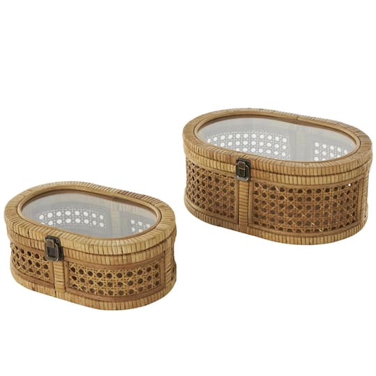 Brown Oval Rattan Storage Box Set with Pane Panels & Glass Tops